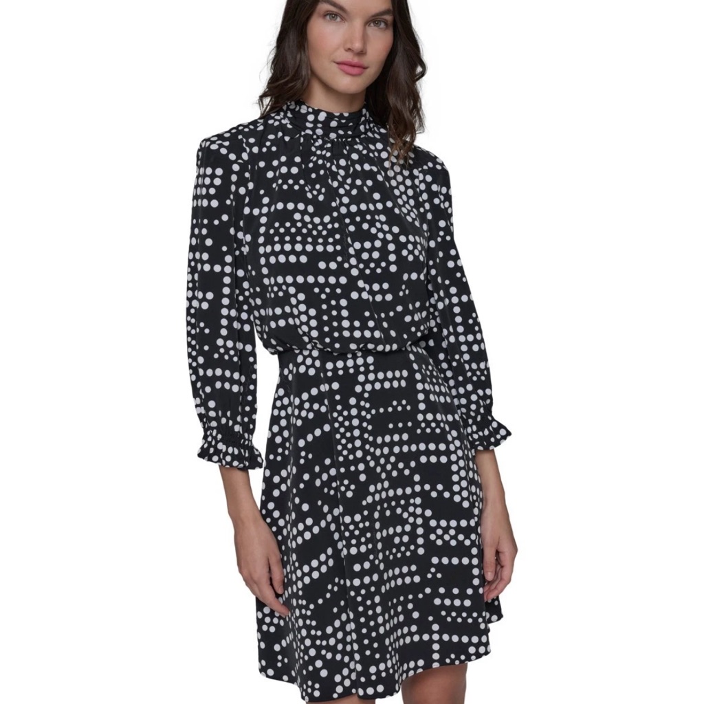 Karl Lagerfeld Paris Dot-Print Mock-Neck 3/4-Sleeve Dress Black Size 2 Msrp $148